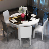 现代简约圆餐桌钢化玻璃家用圆形餐台餐桌椅组合伸缩折叠六人饭桌