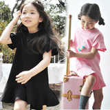女童连衣裙夏装黑色粉色韩国小女孩中大童装短袖纯棉夏季儿童裙子