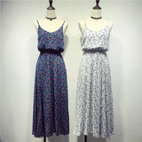 【天天特价】韩国单夏装 复古印花 收腰显瘦 雪纺长裙 吊带连衣裙