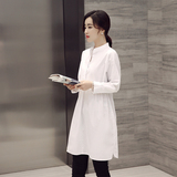 白色衬衫女 2016秋季新款 韩范立领简约九分袖中长款棉麻打底上衣