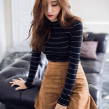 2016韩国新品上衣 春装新款条纹半高领修身打底T恤长袖气质小清新
