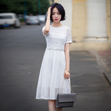 白色连衣裙 小清新夏韩国代购中长款305显瘦镂空短袖蕾丝连衣裙仙