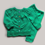纯手工编织新生儿/婴儿/儿童毛衣蛋白绒睡莲花套装绿