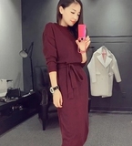 【天天特价】新女装韩版纯色绑带侧开叉中长款长袖针织毛衣连衣裙