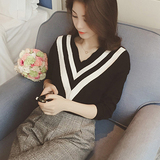 2016秋季新款韩版修身显瘦条纹V领短款针织衫女装长袖毛衣打底衫