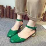 夏季新款绿色单鞋 漆皮方头浅口粗跟中空一字扣金属中跟复古女鞋