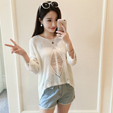 棽洛-fo51 新款2016夏装韩版女装V领纯色镂空前短后长针织衫H-04