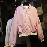 秋季女装韩版宽松百搭粉色字母长袖棒球服休闲夹克短外套开衫学生