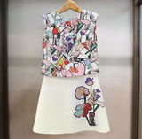 韩国代购16夏季新款女装连衣裙 显瘦无袖两件套装印花上衣短裙