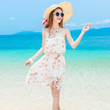 2016韩版夏季海边度假波西米亚吊带雪纺碎花连衣裙沙滩打底短裙女