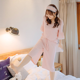 韩版清新条纹可爱全棉短袖睡衣套装女夏季纯棉家居服闺蜜装送眼罩