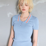 2016夏季韩国半袖复古修身翻领蓝色冰丝纯色针织短袖polo衫女T恤
