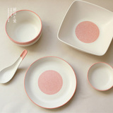 粉色雪花釉盘子米饭碗碟勺子日式餐具套装 石头釉质感酒店餐具