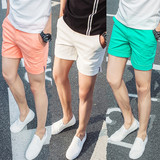 夏装新款 韩版男士修身超短裤潮男卷边三分裤织带热裤糖果色3分裤