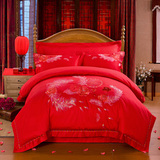 紫罗兰家纺纯棉四件套婚庆大红全棉结婚床上用品中式绣花婚庆床品