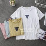 韩国订单 马卡龙色纯色倒三角印花卷边口纯棉短袖打底女T恤