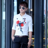 16夏季男士中袖衬衫韩版修身红花牡丹花时尚潮男五分袖休闲男衬衣