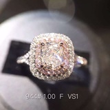 (sold)可定制 1克拉F色VS1枕形白钻围镶粉钻钻石戒指 超值显大款