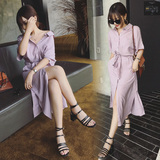 2016年新款女潮清新紫色显瘦中长款系带衬衫开叉连衣裙CM61135