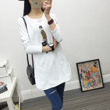 韩版宽松圆领白色长袖T恤女2016欧洲站春装新品中长款百搭打底衫