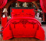 刺绣婚庆1.8m四件套大红结婚床上用品六件套床单式 绣花床盖款