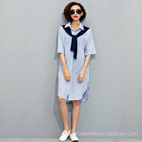 新款韩国假两件披肩防晒开衫中长款薄条纹宽松棉麻女衬衫夏七分袖
