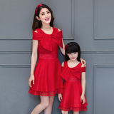 高档亲子装夏装红色连衣裙母女亲子装裙子夏款女童公主裙韩版修身