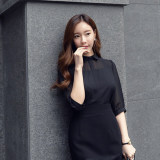 2016韩版纯黑性感衬衫女 网纱透视雪纺衫女 通勤修身OL衬衫打底衫
