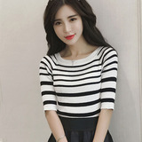 2016夏季韩版短袖冰丝黑白条纹修身中袖圆领套头针织打底衫T恤女