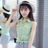 韩版夏季新款女装无袖翻领棉麻白衬衫学生纯色口袋百搭显瘦上衣潮