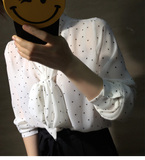 2016韩版春夏季新品通勤女装黑白波点蝴蝶结雪纺长袖打底衬衣上衣