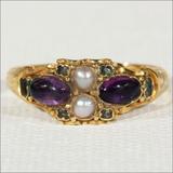 Antique㊣美国代购 古董收藏维多利亚紫水晶珍珠翡翠黄金结婚戒指