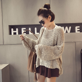 2016秋装新款韩版镂空性感毛衣时尚灯笼袖宽松套头针织罩衫潮女装