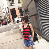 2016夏装新款女装韩版个性红黑条纹A字无袖宽松背心T恤bf风夏季潮