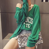 2016夏装新款字母宽松V领长袖T恤防晒罩衫韩版潮女装原宿bf风绿色