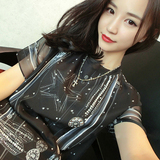 韩国代购黑色短袖T恤女夏季双层星星印花宽松雪纺衫中长款上衣潮