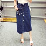 2016夏季新款 韩版女装中长款 显瘦单排扣牛仔半身裙子Q260