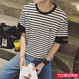 TCC 夏季港风新款韩版撞色拼接袖刺绣条纹圆领短袖T恤男 带底衫潮
