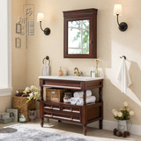 美式卫生间浴室柜 小户型洗脸盆组合 实木橡木落地式大理石面盆柜