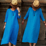 【蓝念】十木米原创设计 旅行度假文艺范宽松纯亚麻蓝色长裙袍子