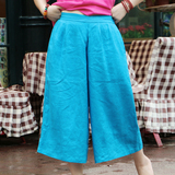 【遇见。蓝】十木米原创夏季女裤旅行文艺范纯亚麻七分阔腿裤