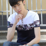 夏天韩版男士圆领短袖t恤青春潮流纯棉学生半袖修身个性花纹体恤T