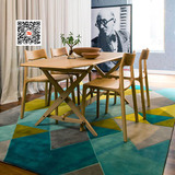 青绿色系几何三角菱形图案纯羊毛地毯搭配黄色现代餐厅客厅茶几