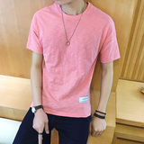 夏季薄款纯棉粉色短袖t恤男圆领修身韩版潮流男士休闲百搭纯色T恤