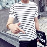 男士黑白条纹圆领短袖t恤夏季韩版宽松上衣纯棉青年潮时尚打底衫