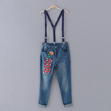 D41-5 外贸女装 夏季新款刺绣图案做旧小脚裤牛仔裤修身背带长裤