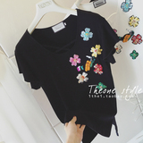 THEONE2016夏季新款女装韩国韩版钉珠亮片花朵圆领短袖T恤打底衫