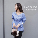 【Lyq'shop】韩国东大门新款斜边露肩喇叭袖系带竖条设计款衬衫