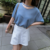 2016夏季新款韩版宽松薄款针织衫上衣 纯色镂空短袖T恤女