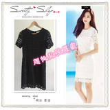 16夏季韩国原单外贸时尚性感气质显瘦百搭蕾丝镂空短袖连衣裙女装